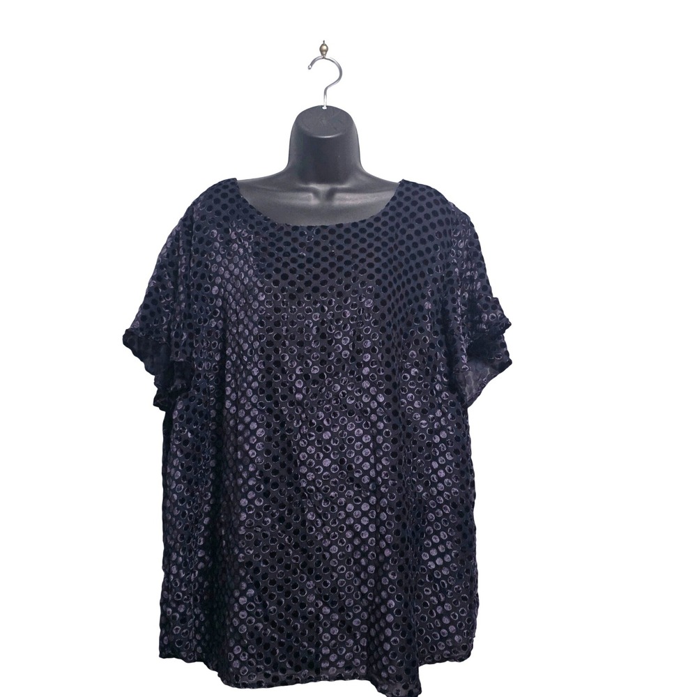 Loft Plus Womens Navy Blue Velvet Polka Dot Devore Blouse Size 26 Short Sleeve